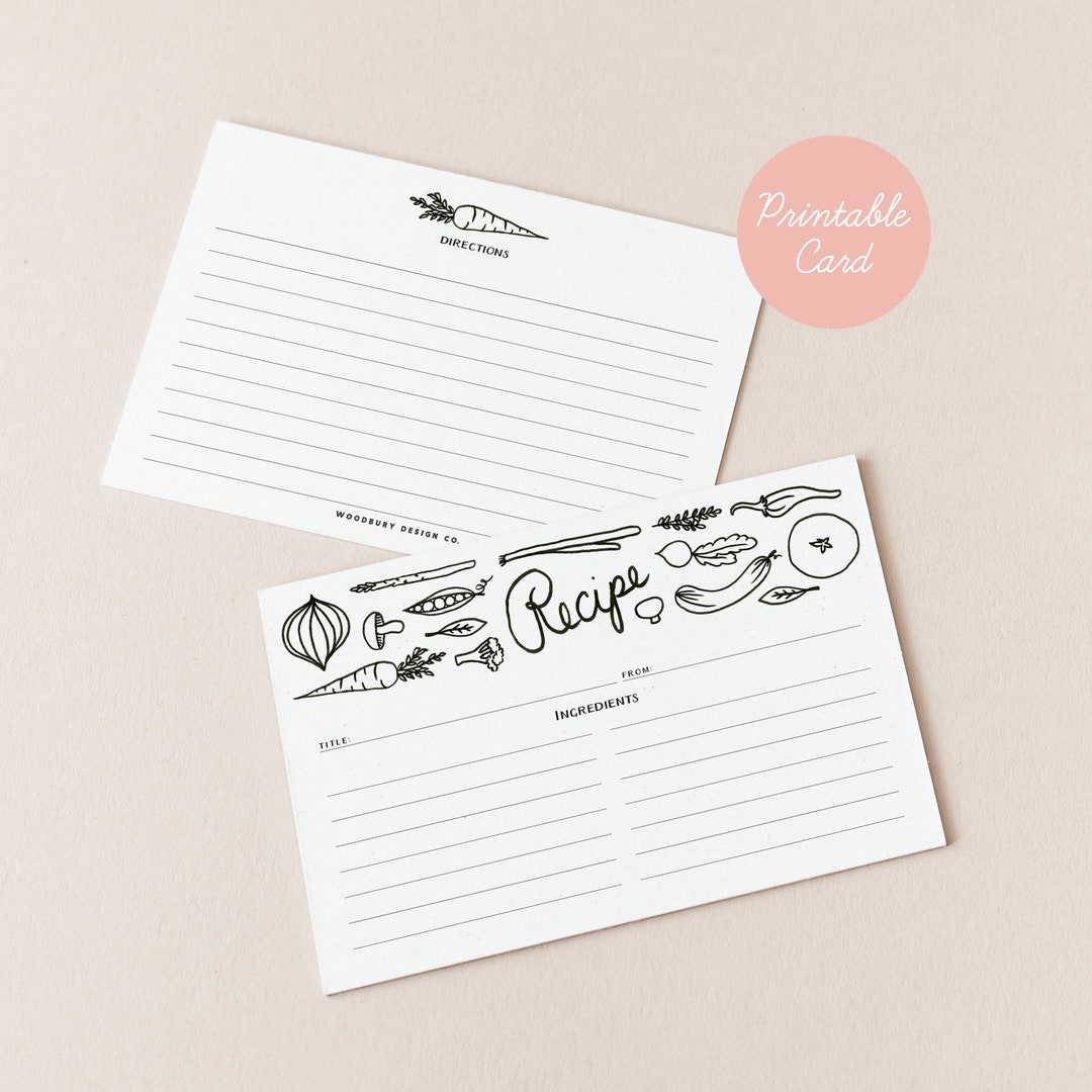 Printable Recipe Card Black &amp; White Farmhouse Vegetables Illustrated ...