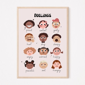 Feelings Poster - Toddler Pre-School Child Feelings Emotions Education - Digital Download Art Print Muted Colors Retro