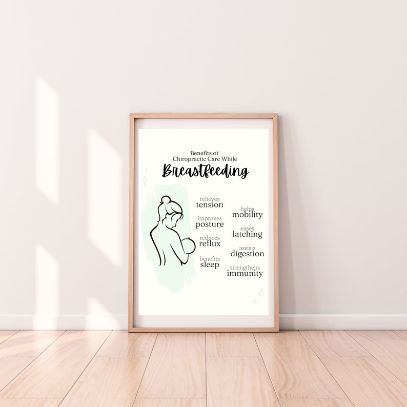 Puede incluir: Un dibujo en blanco y negro de una mujer amamantando, con un fondo de acuarela verde claro. El texto "Beneficios de la atenci&oacute;n quiropr&aacute;ctica durante la lactancia" est&aacute; en la parte superior de la imagen. El texto debajo del dibujo enumera los beneficios de la atenci&oacute;n quiropr&aacute;ctica durante la lactancia, que incluyen "aliviar la tensi&oacute;n", "ayudar a la movilidad", "mejorar la postura", "facilitar el enganche", "reducir el reflujo", "ayudar a la digesti&oacute;n", "beneficiar el sue&ntilde;o" y "fortalecer la inmunidad".