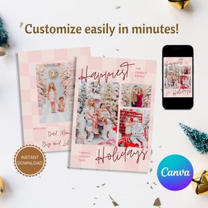 Tarjeta navideña con guión de tablero de ajedrez rosa de las vacaciones más felices: plantilla de Canva moderna personalizable con foto editable de 2024 Descarga digital