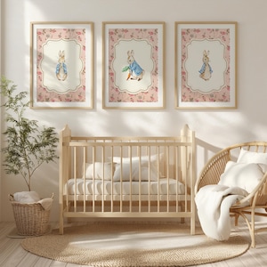 Vintage roze konijn muur kunst set, kinderkamer kunst voor babymeisje, konijn prints, bloemen meisjeskamer kunst kinderkamer decor, digitale kunst print