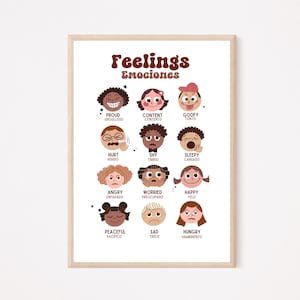 Feelings Poster Spanish English- Toddler Pre-School Child Feelings Emotions Education - Digital Download Art Print Retro