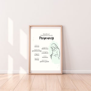 Puede incluir: Un p&oacute;ster blanco imprimible con un dibujo de l&iacute;nea negra de una mujer embarazada. El texto "Beneficios de la atenci&oacute;n quiropr&aacute;ctica en el embarazo" est&aacute; en la parte superior del p&oacute;ster. El p&oacute;ster enumera los beneficios de la atenci&oacute;n quiropr&aacute;ctica durante el embarazo, que incluyen "aliviar el estr&eacute;s", "apoyar el parto", "mejorar el posicionamiento", "aumentar la comodidad", "reducir el reflujo", "aliviar las n&aacute;useas", "beneficiar el sue&ntilde;o" y "aliviar el dolor p&eacute;lvico".