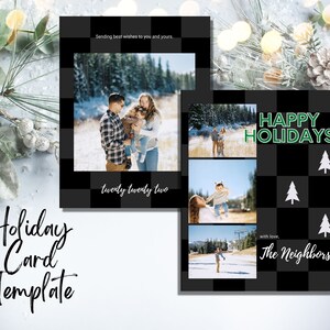 Joyeuses Fêtes Carte modifiable noire - Carte de Noël Arbres en damier 2023 - Photos Modèle Canva personnalisable Téléchargement numérique