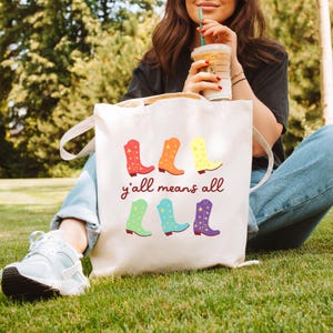 Y&#39;all Means All Tote Bag, Rainbow Boots Cotton Tote, Pride LGBTQ Book Bag, Gift for Book Lovers, Pride Month Gift