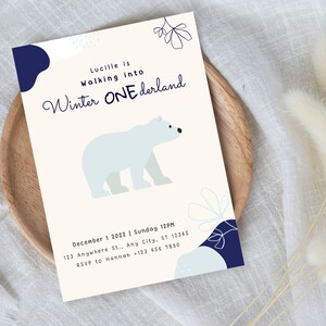 Winter Onederland Invite - Wonderland Birthday Invitation Baby First Birthday Blue Polar Bear Canva Editable Template Digital Download