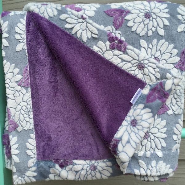 Purple adult minky throw purple and grey floral minky blanket large adult size blanket soft gift for mothers day women girls room dorm bed