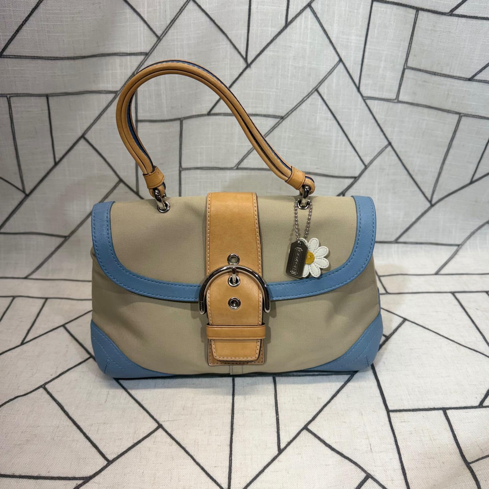 Coach Soho Flap Shoulder Bag Small Khaki Blue Canvas Leather