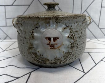 Crocker Nauvoo Studio Pottery Lidded Bean Pot 8in Tan Sun Face Celestial Signed