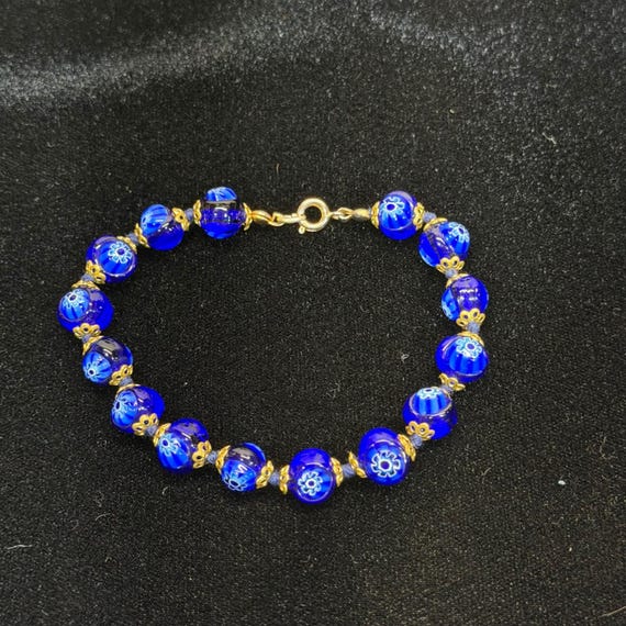 Unbranded Glass Bead Bracelet 8in Blue Millefiori Gold Tone Filigree Spacers