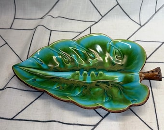Treasure Craft Leaf Ashtray 11.5" Turquoise Green MCM Tiki Ceramic Catchall READ