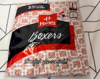 Hanes Boxers Large Weiß Orange Vintage 1996 3er Pack Full Cut Geometric Blatt 90er Jahre