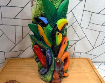 Costa Rica Boruca Mask Hand Carved Wood Toucan Snake Frog Jungle Folk Art 16"