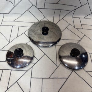 Revere Ware lock till kastruller, set med 3, silverfärgade, rostfria, vintage