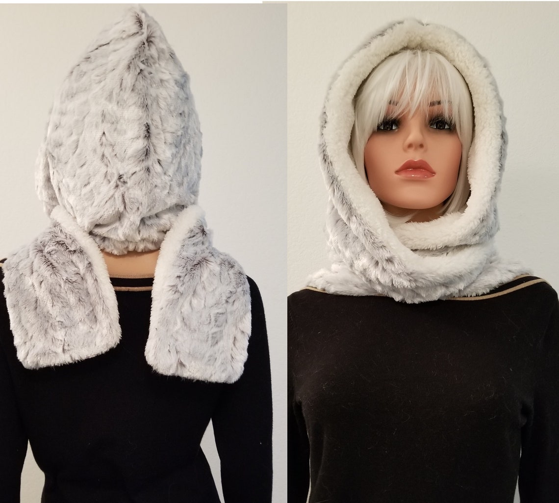 Hooded Short Scarf Grey Faux Rabbit and Sherpa Reversible Etsy