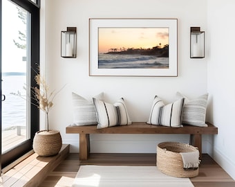Resplandor costero al atardecer: impresión artística costera, arte mural fotográfico oceánico, decoración playera editorial minimalista