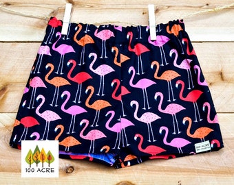 Hot pink flamingo shorts for girls- Pink, light pink and coral flamingo shorts for girls.  Summer cotton shorts for girls