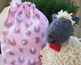 Pink sheep drawstring knitting project bag, Crochet project bag, gift for knitters, knitting bag. Robert Kaufman Wooley sheep fabric