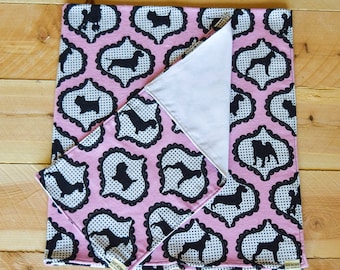3pc Pink dogs XL flannel receiving blanket with burp cloth set. Dachshund, boxer, pug, poodle, bulldog baby blanket