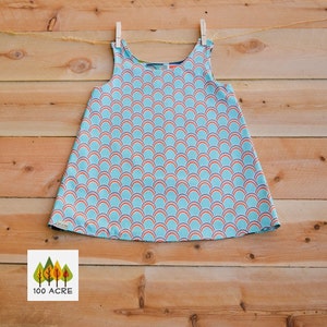 Orange and blue reversible girls dress. Retro style camera toddler dress. Wedding or birthday girls dress. Michael Miller Fabric girls dress