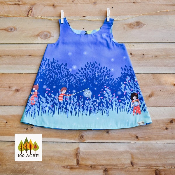 Wee Wander Summer Night Lights reversible dress. Blue toddler sun dress.Birthday or party dress toddler.  Michael Miller fabric