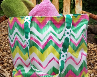 LARGE Pink and green canvas tote. Market tote, Knitting project tote, AKA sorority gift tote. Beach bag. Reversible canvas tote bag.