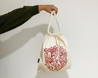Screen printed Elegant Organic cotton drawstring backpack, tote bag, gym bag, shopping tote bags, yoga, canvas cotton bag, christmasgift