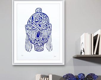 Originele zeefdruk / kunstprint blauw "ORGANIC FACE" | kunst aan de muur, wanddecoratie, woondecoratie, woningstyling | blauw interieur, blauw ontwerp, artwork