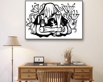 Original Screenprint "FORGETMIGEJ" | 50X70 CM | Limited edition, Abstract art, art print, floral illustration, black, painting, wall decor,