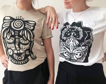 Unique Hand Screen Printed T-Shirt | Black Folk Art Graphic Tee Cotton