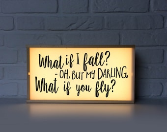 What if I Fall? Quote Light Box – Upcycled Wine Box Table Lamp
