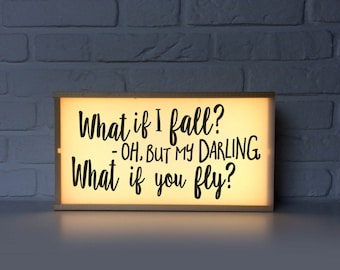 Quote Light box - What if I fall? - lighted sign - lamp, lighting - quote lightbox - bedroom light - nursery light - table lamp