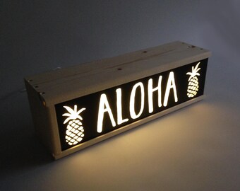 Aloha Lighted Wine Box: Pineapple Decor, LED Welcome Sign