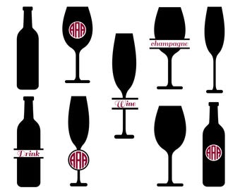 Wine glass svg, Wine svg, Wine glass monogram svg, bottle svg, wine bottle svg, Silhouette files, Cricut files, svg, vector, dxf, eps, png.