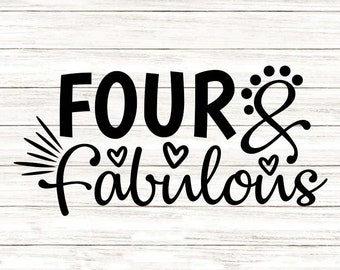 Puede incluir: Diseño gráfico en blanco y negro con el texto "Four & Fabulous" con tres corazones y un diseño de estallido de estrellas.