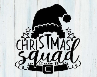 May include: Black graphic of a Santa hat, belt, and the words "CHRISTMAS squad" with star accents. The design is on a white wood-grain background, perfect for holiday-themed crafts and apparel.