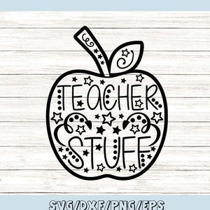 May include: Black and white silhouette of an apple with the text "TEACHER STUFF" inside. The apple is decorated with stars and dots.
