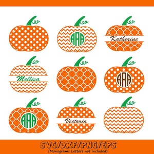 Puede incluir: Nueve diseños de calabazas naranjas con tallos verdes y zarcillos rizados. Las calabazas presentan varios patrones, incluyendo lunares, chevrones e iniciales con monogramas. Algunas calabazas tienen nombres como "Katherine" y "Mellisa". La imagen incluye el texto "SVG/DXF/PNG/EPS".
