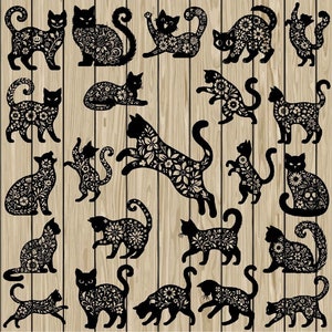 May include: A digital download of 20 black and white silhouette images of cats with intricate floral patterns. The cats are in various poses, including sitting, standing, and jumping.
