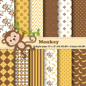 Monkey Digital Paper, Monkey Clipart, Banana, Jungle, Animals, Safari, Zoo, Polka Dot, Chevron, Stripe, Pattern, Clipart, Uso commerciale.