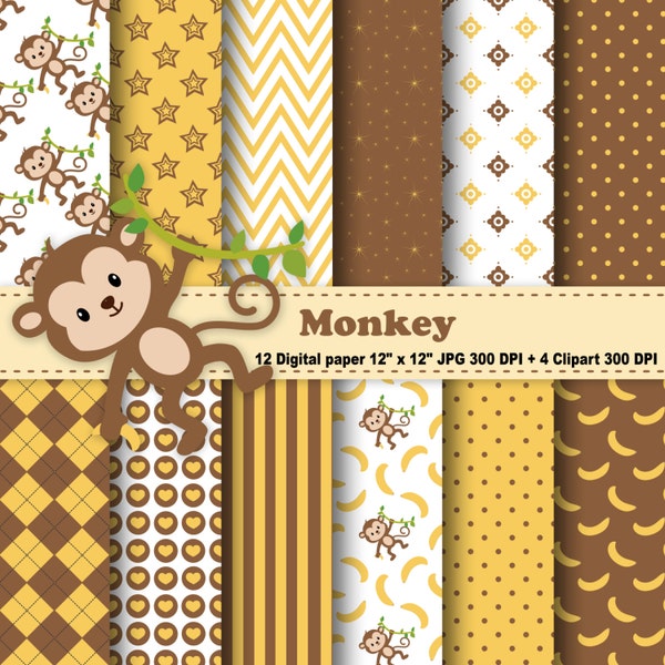 Monkey Digital Paper, Monkey Clipart, Banana, Jungle, Animals, Safari, Zoo, Polka Dot, Chevron, Stripe, Pattern, Clipart, Commercial Use.