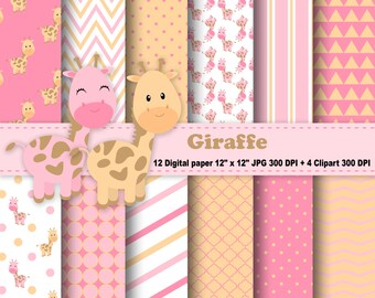 Giraffe Digital Paper, Giraffe Clipart, Animals, Jungle, Zoo, Safari,  Polka Dots, Chevron, Stripes, Pink, Orange, Clipart, Commercial Use.