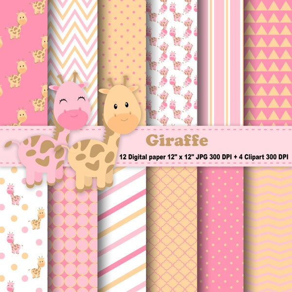 Giraffe Digital Paper, Giraffe Clipart, Animals, Jungle, Zoo, Safari,  Polka Dots, Chevron, Stripes, Pink, Orange, Clipart, Commercial Use.