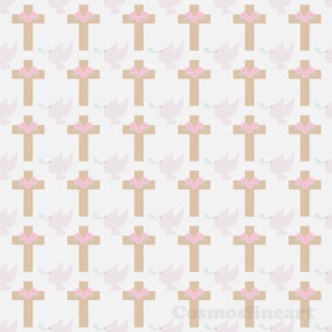 May include: A seamless pattern featuring a repeating design of a brown cross with pink flowers and a white dove with green leaves on a white background.