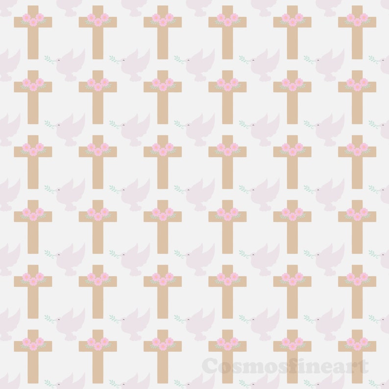 May include: A seamless pattern featuring a repeating design of a brown cross with pink flowers and a white dove with green leaves on a white background.
