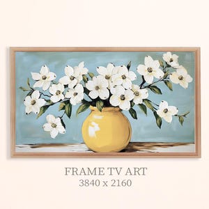 Cornice per TV con fiori di corniolo bianco, cornice per TV con natura morta in vaso di fiori, cornice per TV in stile rustico, cornice per TV con dipinto a olio d&#39;epoca.