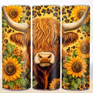 Sunflower Highland Cow 20oz Skinny Tumbler Wrap Sublimation, Sunflower 20oz Skinny Sublimation Tumbler Design, Floral 20oz Tumbler PNG.