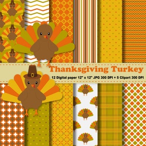 Thanksgiving Turkey Digital Paper, Thanksgiving Turkeys Clipart, Thanksgiving Digital Paper, Thanksgiving Clipart, Autumn, Commercial Use.