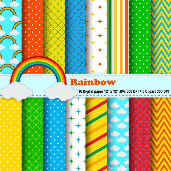 Rainbow Digital Paper, Rainbow Clipart, Clouds, Polka Dot, Chevron, Stripe, Red, Green, Yellow, Blue, Pattern, Clipart, Commercial Use.