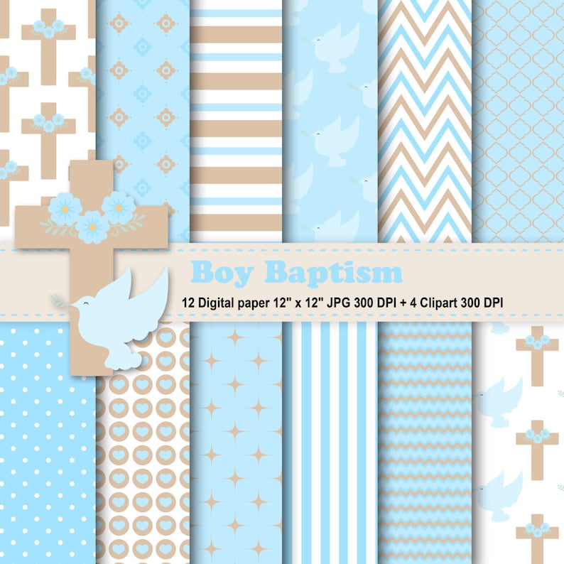 Boy Baptism Digital Paper, Boy Baptism Clipart, Baptism Background, Baptism Invitation, Baptism Digital Paper, Pattern, Commercial Use. image 1